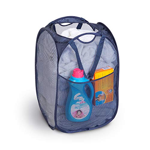Product Cover Smart Design Deluxe Mesh Pop Up Square Laundry Hamper w/ Side Pocket & Handles - VentilAir Fabric Collapsible Design - for Clothes & Laundry - Home - (Holds 2 Loads) (14 x 23 Inch) [Blue]
