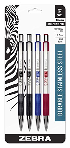 Product Cover Zebra F-301 Ballpoint Stainless Steel Retractable Pen, Fine Point, 0.7mm, Assorted Ink, 4-Count: 2 Black, 1 Blue, 1 Red