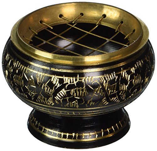 Product Cover New Age Imports, Inc. India Small Decorated Brass Charcoal Screen Incense Burner with Wooden Coaster