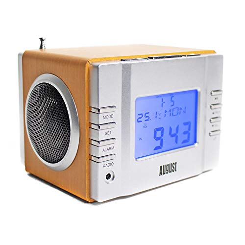 Product Cover August MB300 Mini Wooden MP3 Stereo System and FM Clock Radio, with Card Reader, USB Port & AUX Jack (3.5mm Audio In), 2 x 3W Powerful Hi-Fi Speakers and Built-in Rechargeable Battery