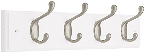 Product Cover Liberty 129849 18-Inch Coat and Hat Hook Rail/Rack with 4 Heavy Duty Hooks, White and Satin Nickel