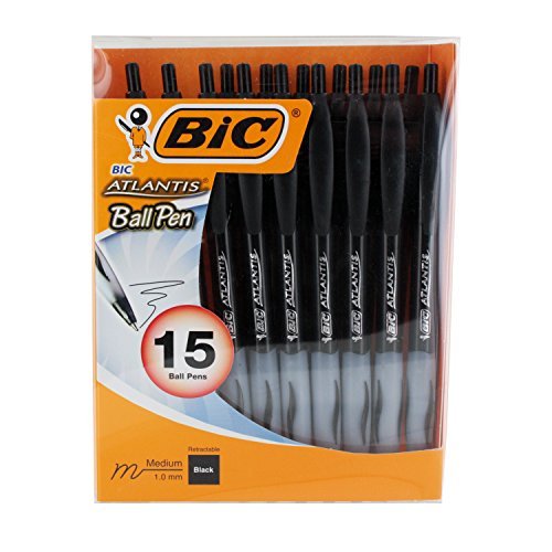 Product Cover BIC Atlantis Retractable Ballpoint Pen, 1.0mm, Medium Point, Black Ink, Pack of 15