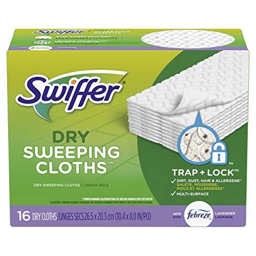 Product Cover Swiffer Sweeper Dry Sweeping Cloths Mop and Broom Floor Cleaner Refills, Febreze Lavender Vanilla and Comfort Scent, 16 Count, White