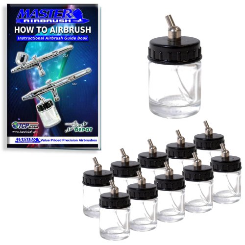 Product Cover Master Airbrush® Brand Box of 10-each TB-002 3/4-Ounce, (22cc) Glass Bottle Air Brush Depot Airbrushing Accessories, Works with Master, Badger, Paasche Airbrushes, Also Includes a (FREE) How to Airbrush Training Book to Get You Started