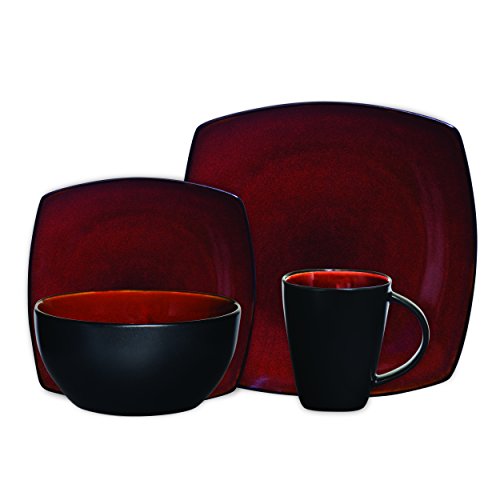 Product Cover Gibson Elite Soho Lounge 16-Piece Square Reactive Glaze Dinnerware Set, Red