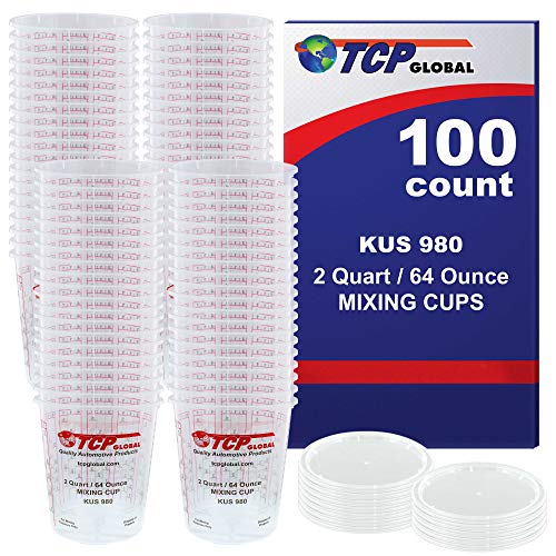 Product Cover Custom Shop - Full Box Case of 100 Each - 64 Ounce Graduated Paint Mixing Cups - Cups are Calibrated with Multiple Mixing Ratios - Also Includes 12 Lids - Cups Hold 80-Ounces