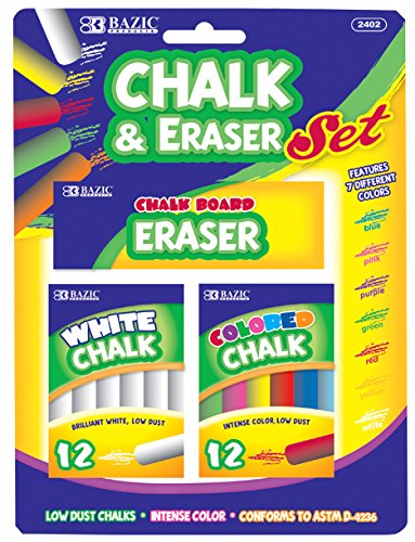 Product Cover BAZIC 12 Color & 12 White Chalk w/ Eraser Set for School, Crafts, or Outside Play.