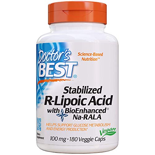 Product Cover Doctor's Best Stabilized R-Lipoic Acid with BioEnhanced Na-RALA, Non-GMO, Gluten Free, Vegan, Helps Maintain Blood Sugar Levels, 100 mg 180 Veggie Caps