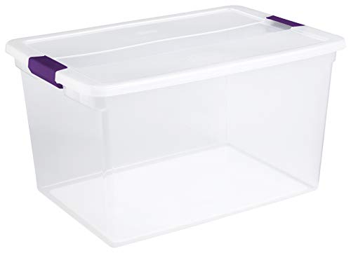 Product Cover Sterilite 17571706 66 Quart/62 Liter ClearView Latch Box, Clear Lid & Base w/ Sweet Plum Latches, 6-Pack