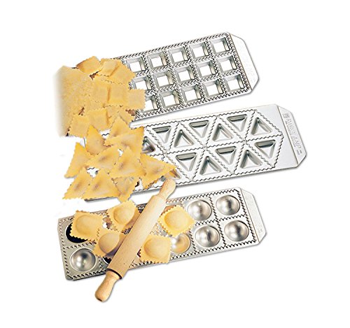 Product Cover Imperia Ravioli Maker Set of 3 Italian Made Molds- Mini Squares, Tortelli, and Raviolini with Rolling Pin