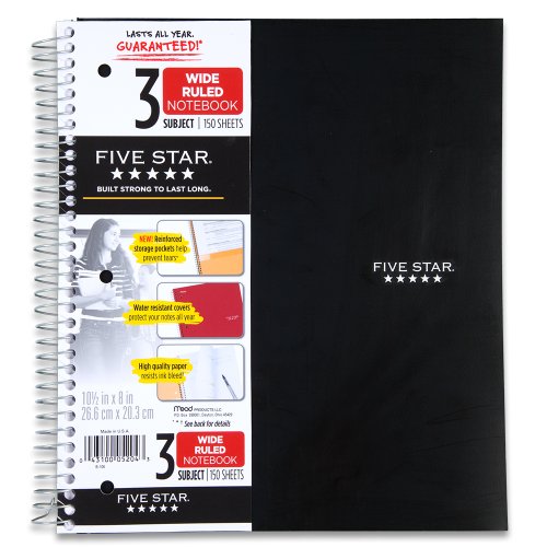 Product Cover Five Star Spiral Notebook, 3 Subject, Wide Ruled Paper, 150 Sheets, 10-1/2