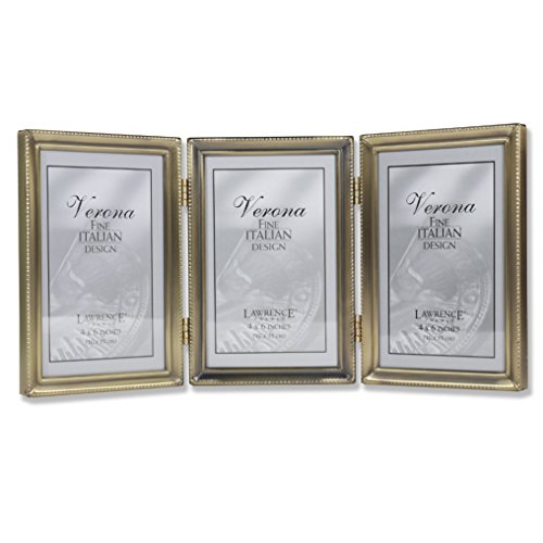 Product Cover Lawrence Frames Antique Brass 4x6 Hinged Triple Picture Frame - Bead Border Design