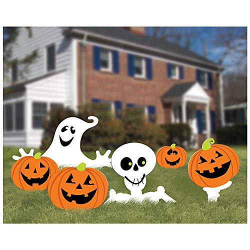 Product Cover amscan Family Friendly Skeleton and Ghost Corrugate Yard Stake Signs Halloween Trick or Treat Party Outdoor Decoration, Plastic, 20