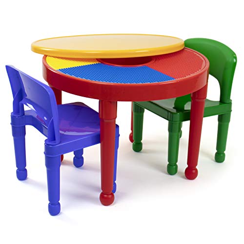 Product Cover Tot Tutors Kids 2-in-1 Plastic Building Blocks-Compatible Activity Table and 2 Chairs Set, Round,  Primary Colors