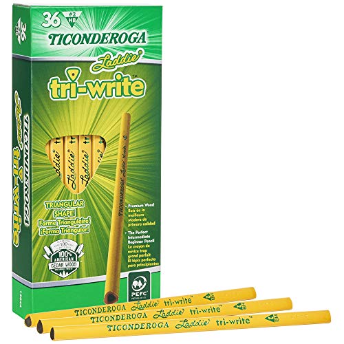 Product Cover TICONDEROGA Laddie Tri-Write Triangular Shaped Intermediate Wood Pencils Without Erasers, #2 HB Soft, Yellow, 36-Pack (13044)