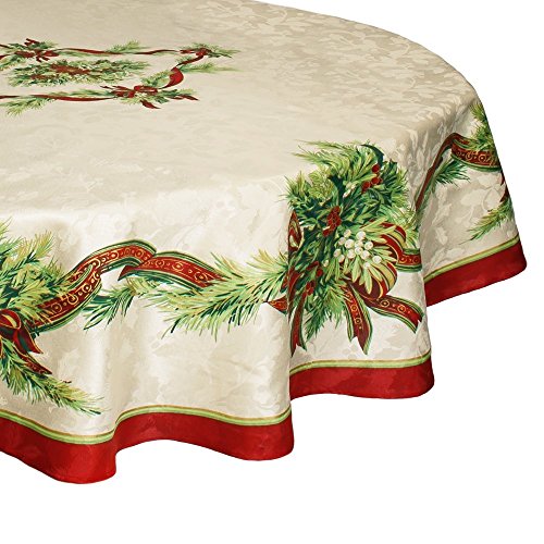 Product Cover Benson Mills Christmas Ribbons Engineered Printed Fabric Tablecloth, 70 Inch Round
