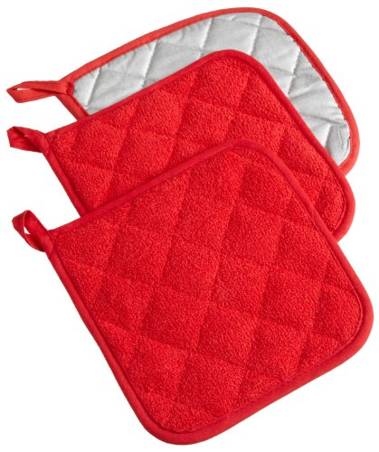 Product Cover DII 100% Cotton, Terry Pot Holder Set Machine Washable, Heat Resistant, 7 x 7, Red, 3 Piece