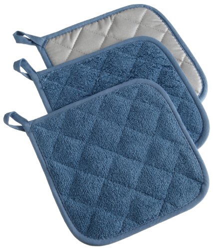 Product Cover DII 100% Cotton, Terry Pot Holder Set Machine Washable, Heat Resistant, 7 x 7, Blue, 3 Piece