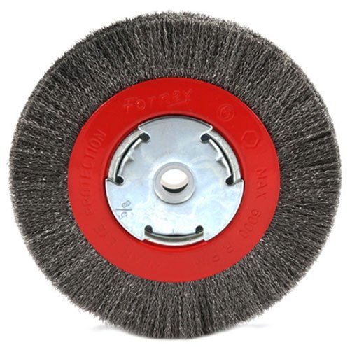 Product Cover Forney 72751 Wire Bench Wheel Brush, Narrow Face Fine Crimped with 1/2-Inch and 5/8-Inch Arbor, 6-Inch-by-.008-Inch