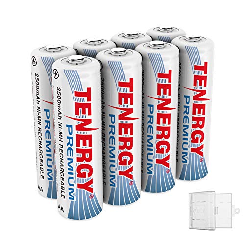 Product Cover Tenergy 8 Pack Premium Rechargeable AA Batteries, High Capacity 2500mAh NiMH AA Battery, AA Cell Battery with 2 AA Holders