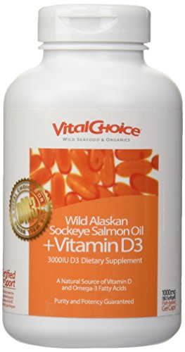 Product Cover Vital Choice Wild Alaskan Sockeye Salmon Oil with Vitamin D3, 3000 I.U., 1000mg, 180-Count