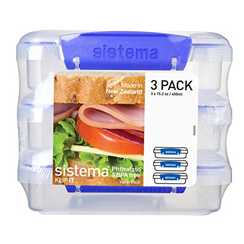 Product Cover Sistema KLIP IT Collection Sandwich Box 1.9 Cup Compact Food Storage Container, 3 Pack, Clear/Blue | Great for Meal Prep | BPA Free, Reusable