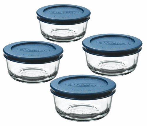 Product Cover Anchor Hocking Classic Glass Food Storage Containers with Lids, 1 Cup (Set of 4), Clear Glass, Blue Lids - 82628L11
