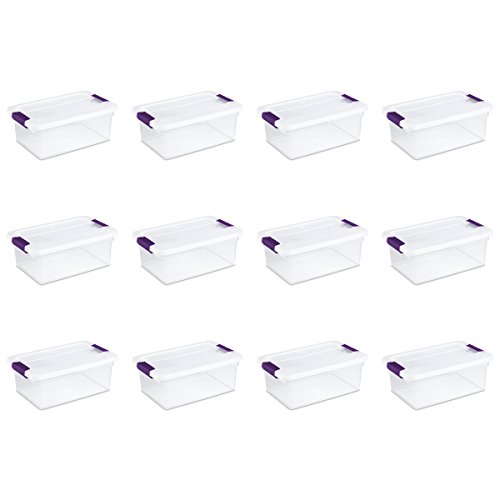 Product Cover Sterilite 17531712 15 Quart/14 Liter Clearview Latch Box, Clear with Sweet Plum Latches, 12-Pack