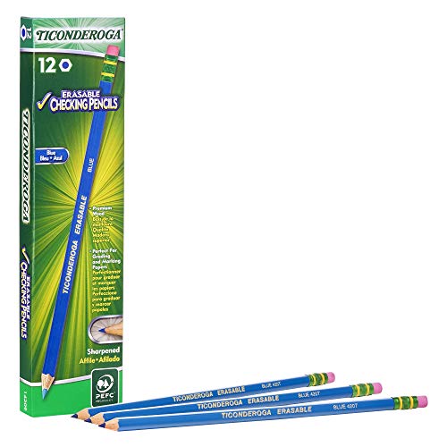 Product Cover TICONDEROGA Erasable Checking Pencils with Eraser, Pre-Sharpened, Blue, Pack of 1 (12 ct)
