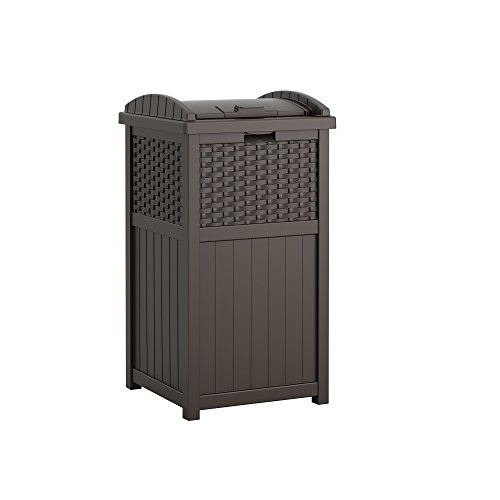 Product Cover Suncast 33 Gallon Hideaway Trash Can for Patio - Resin Outdoor Trash with Lid - Use in Backyard, Deck, or Patio - Brown