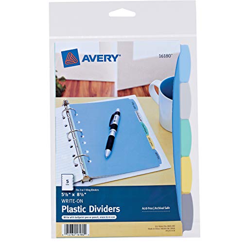 Product Cover Avery 5-Tab Plastic Mini Binder Dividers, Write & Erase Multicolor Tabs, 1 Set (16180)