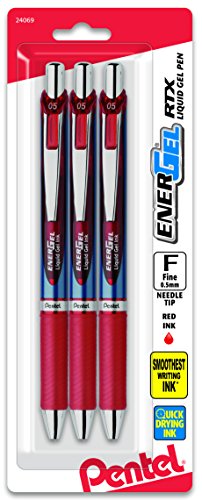 Product Cover Pentel EnerGel Deluxe RTX Retractable Liquid Gel Pen, 0.5mm, Needle Tip, Red Ink, 3 Pack (BLN75BP3B)