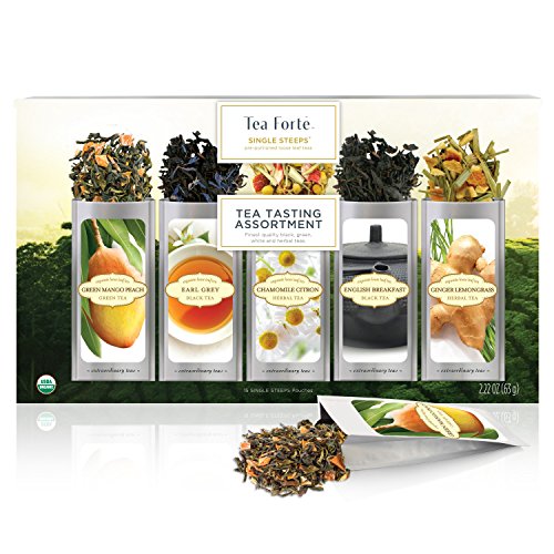 Product Cover Tea Forte Single Steeps Tea Tasting Assortment Organic Loose Leaf Tea Sampler, Tea Variety Pack, 15 Single Serve Pouches, Green Tea, Herbal Tea, Black Tea