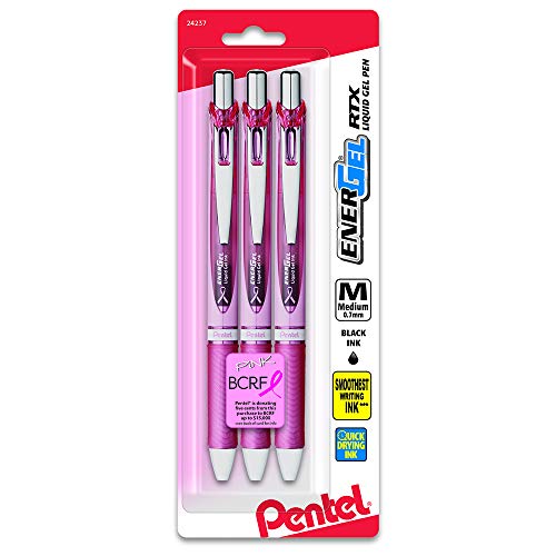 Product Cover Pentel Pink BCA Ribbon Pentel EnerGel Deluxe RTX Retractable Liquid Gel Pen Pack, 0.7mm, Medium Line, Metal Tip, Pink Barrel, Black Ink, 3 Pack (BL77PBP3A-BC)