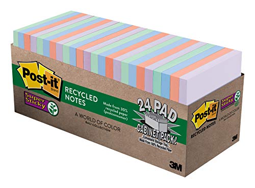 Product Cover Post-it Super Sticky Recycled Notes, Bali Colors, 2X the Sticking Power, Large Pack, 3 in. x 3 in, 24 Pads/Pack, 70 Sheets/Pad (654-24NH-CP)