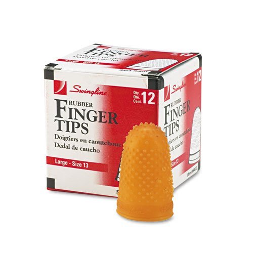 Product Cover Swingline Products - Swingline - Rubber Finger Tips, Size 13, Large, Amber, 1 Dozen - Tough, tips last a long time. - Surface nubs ensure positive grip. - Extra thick material at tip for longer wear. - High grade rubber for added durability