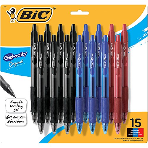 Product Cover BIC Gel-ocity Original Retractable Gel Pen, Medium Point (0.7 mm), Black, Blue, Red, 15-Count