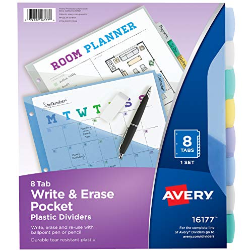 Product Cover Avery 8-Tab Plastic Binder Dividers with Pockets, Write & Erase Multicolor Big Tabs, 1 Set (16177)