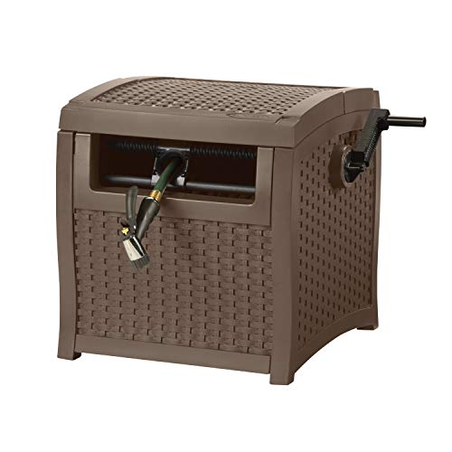 Product Cover Suncast Resin Hose Hideaway with Hose Guide - Durable Outdoor Hose Storage Reel with Crank Handle, Lid, and Slide Trak Hose Guide - 225' Hose Capacity - Mocha Wicker