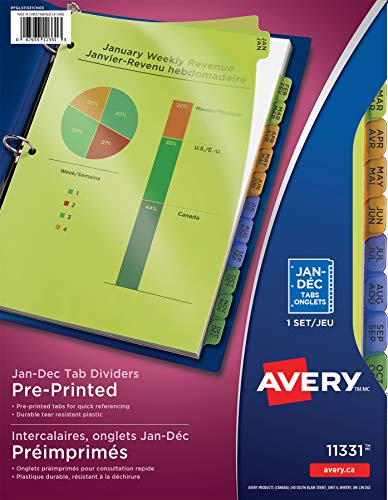 Product Cover Avery Plastic Preprinted Tab Dividers, 8.5 x 11 Inch, Jan-Dec Tab, Multi-Color Tab, 1 Set (11331)