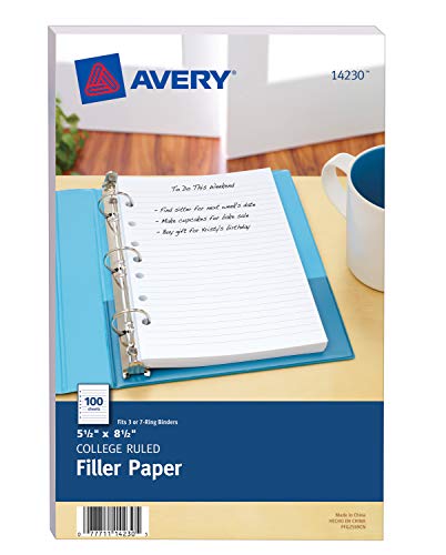 Product Cover Avery 14230 Mini Binder Filler Paper, 5-1/2 x 8 1/2, 7-Hole Punch, College Rule (Pack of 100), White