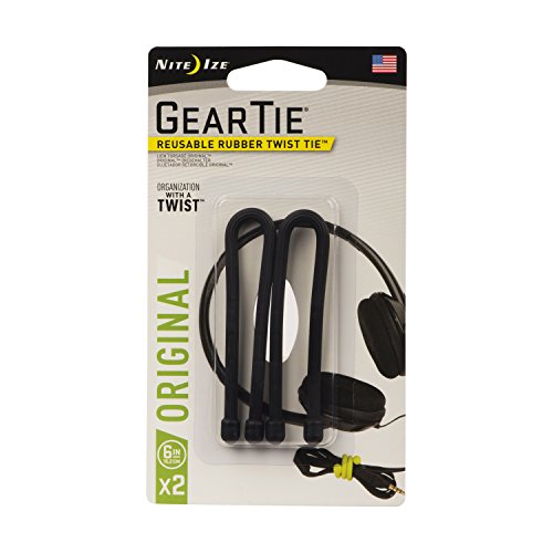 Product Cover Nite Ize Original Gear Tie, Reusable Rubber Twist Tie, 6-Inch, Black, 2 Pack, Made in the USA