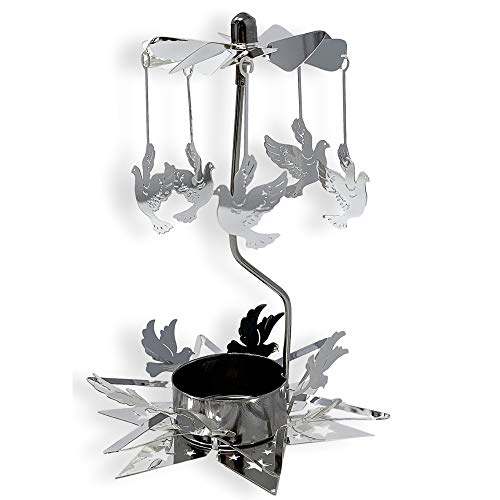 Product Cover BANBERRY DESIGNS Spinning Candle - Rotating Silver Tea Light Candle Holder - Flying Dove Charms Spins Around The Star Shaped Base - Tealight Candle Included