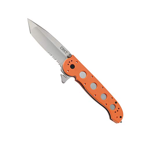 Product Cover CRKT M16-14ZER Folding Pocket Knife: Emergency Rescue, Serrated Edge Blade, Tanto, Seatbelt Cutter Automated Liner Safety, Orange Nylon Handle with Window Breaker, 4-Position Pocket Clip
