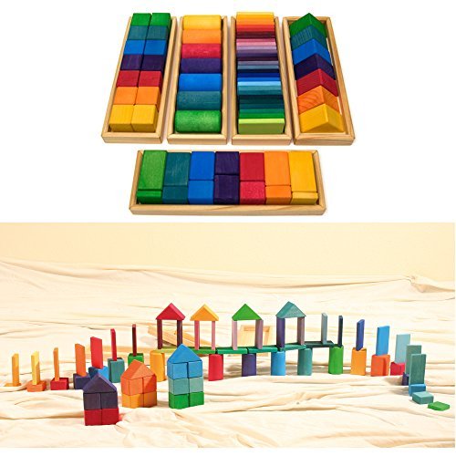 Product Cover Grimm's Large Shapes & Colors Building Set, Part 1 - Colorful Wooden Blocks in 5 Geometric Forms with Storage Trays (4x4 Size)