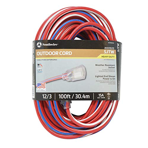 Product Cover Southwire 2549SWUSA1 100-Feet, Contractor Grade, 12/3 Extension Cord, With Lighted End; Red White And Blue, American Made Extension Cord, Indoor and Outdoor Use, Water Resistant Flexible Jacket