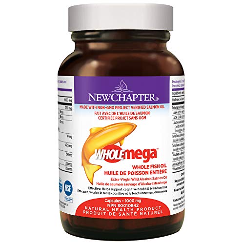 Product Cover New Chapter Wholemega Fish Oil Supplement, 100% Wild Alaskan Salmon Oil with Omega-3 + Vitamin D3 + Astaxanthin - 180 Softgels, 1000mg (Packaging May Vary)