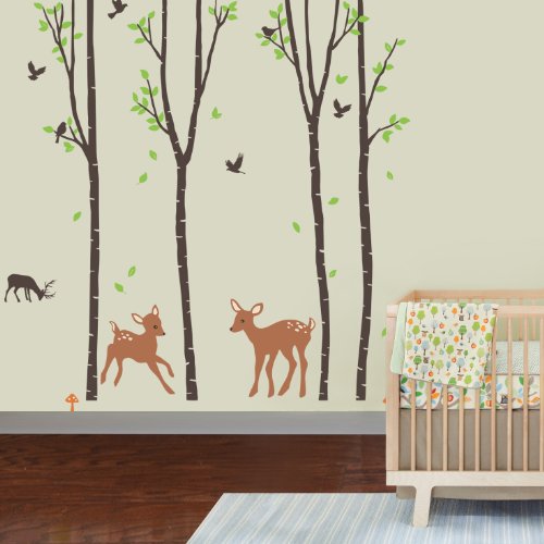 Product Cover Giant Wall Sticker Decals - Birch Tree Forest with Deers and Flying Birds Baby (trees are 6 feet tall)