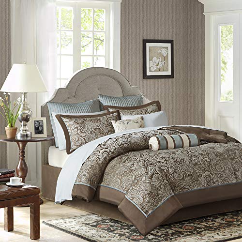 Product Cover Madison Park Aubrey Queen Size Bed Comforter Set Bed In A Bag - Blue, Brown , Paisley Jacquard - 12 Pieces Bedding Sets - Ultra Soft Microfiber Bedroom Comforters