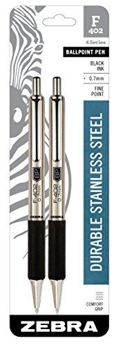 Product Cover Zebra Pen 29212 Zebra F-402 Ballpoint Stainless Steel Retractable Pen, Fine Point, 0.7mm, Black Ink, 2-Count